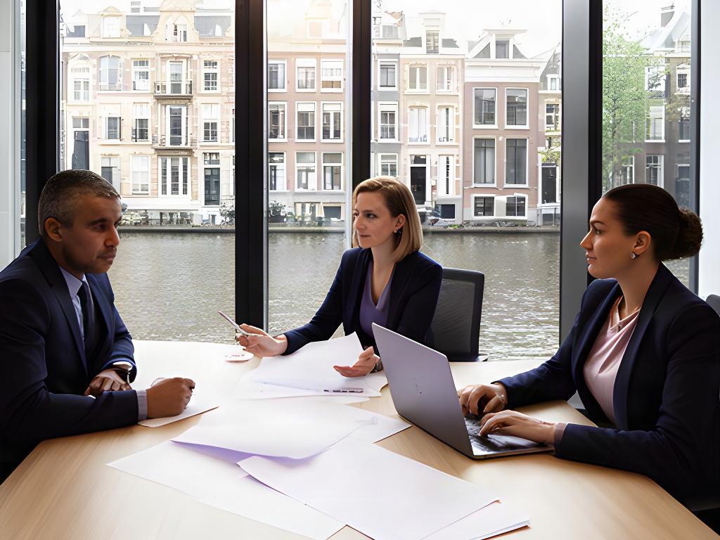 Strategisch overleg in een Amsterdams kantoor met een grachtenpand op de achtergrond